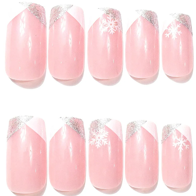

Новые простые накладные ногти 2026 года, 24 шт., классический французский дизайн, с блестками и снежинками, рождественские, средней длины