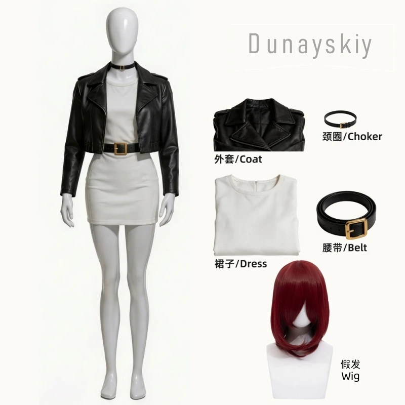 Yamada Tayama Cosplay Costume Wig Behind The Supermarket Smoking With You Black Leather Jacket White Mini Dress Mini Dress Black view 5
