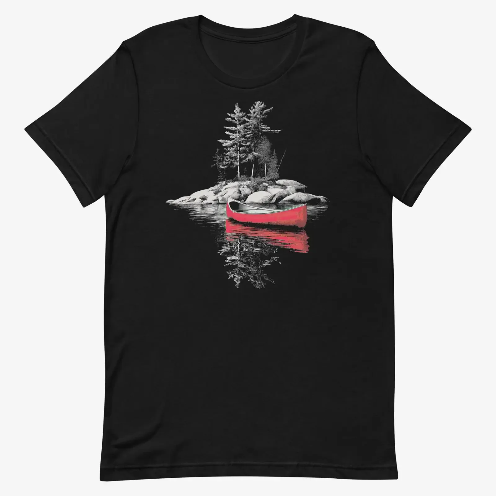 Red Canoe Nature Reflection T Shirt Minimalist Lake for Paddlers Canoeists Campers Outdoor Adventure Lovers vintage Washed