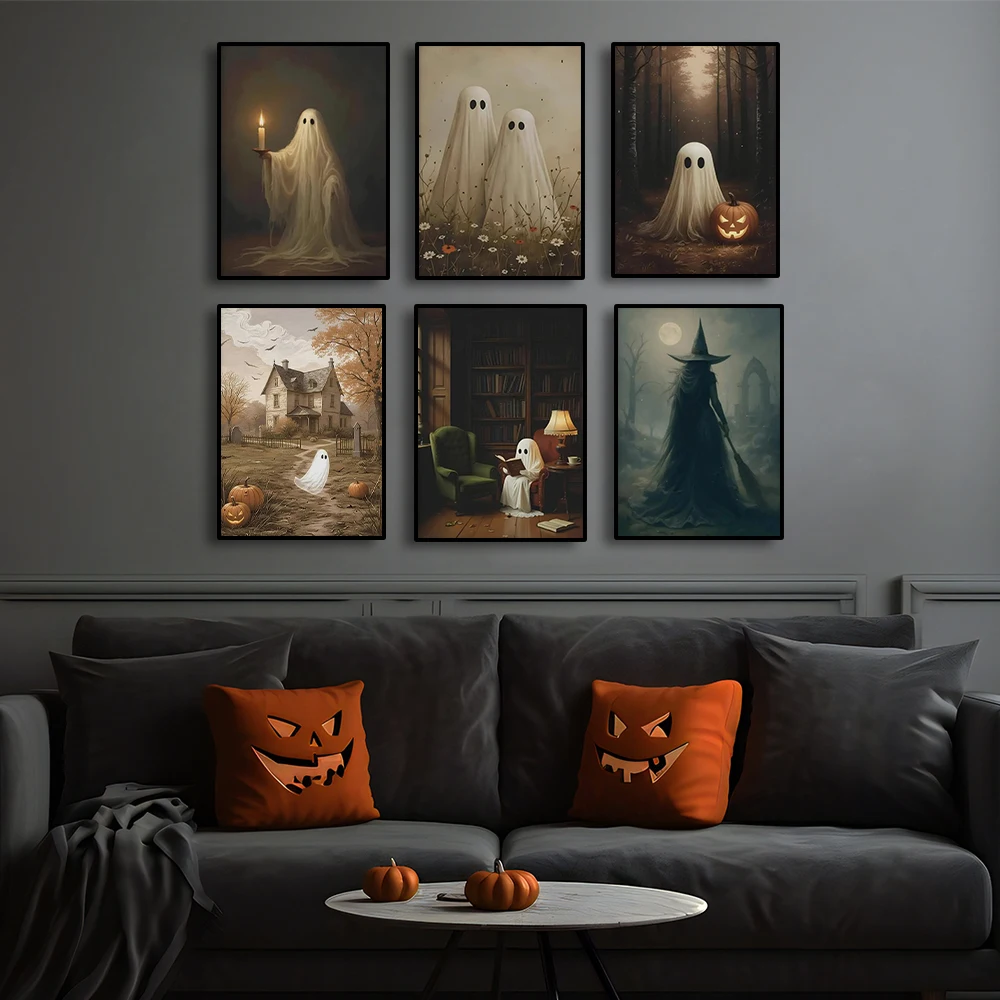 AZNM Cute Ghost Candle Pumpkin House Witch Vintage Canvas Wall Art, Spooky Gothic Halloween Frameless Canvas Print Poster for In