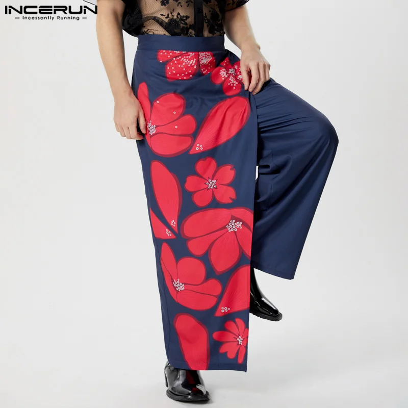 INCERUN Men Irregular Pants Flower Printing Zipper Loose Casual Trousers Men Streetwear 2024 Personality Fashion Male Long Pants