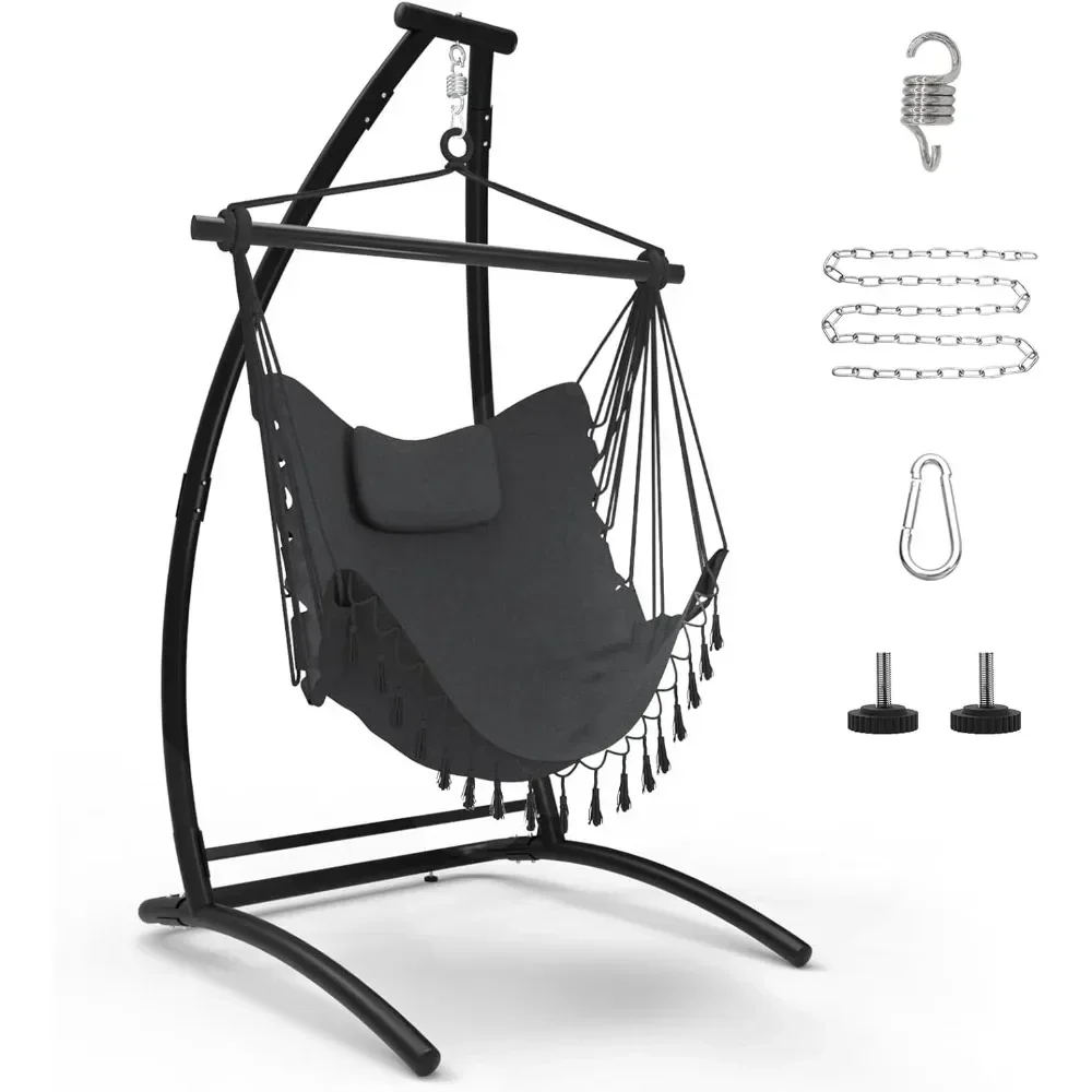 C Type Hammock Chair with Stand, Swing Chair with Neck Pillow, Hammock Stand for Balcony, Patio and Deck, Maximum Weight 300 lbs