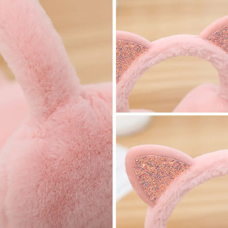 1PCS Women Winter Warm Earmuffs Glitter Sequin Faux Fur 3D Cat Ears Headband Unisex Cute Foldable Fluffy Soft Earflaps 2023 NEW