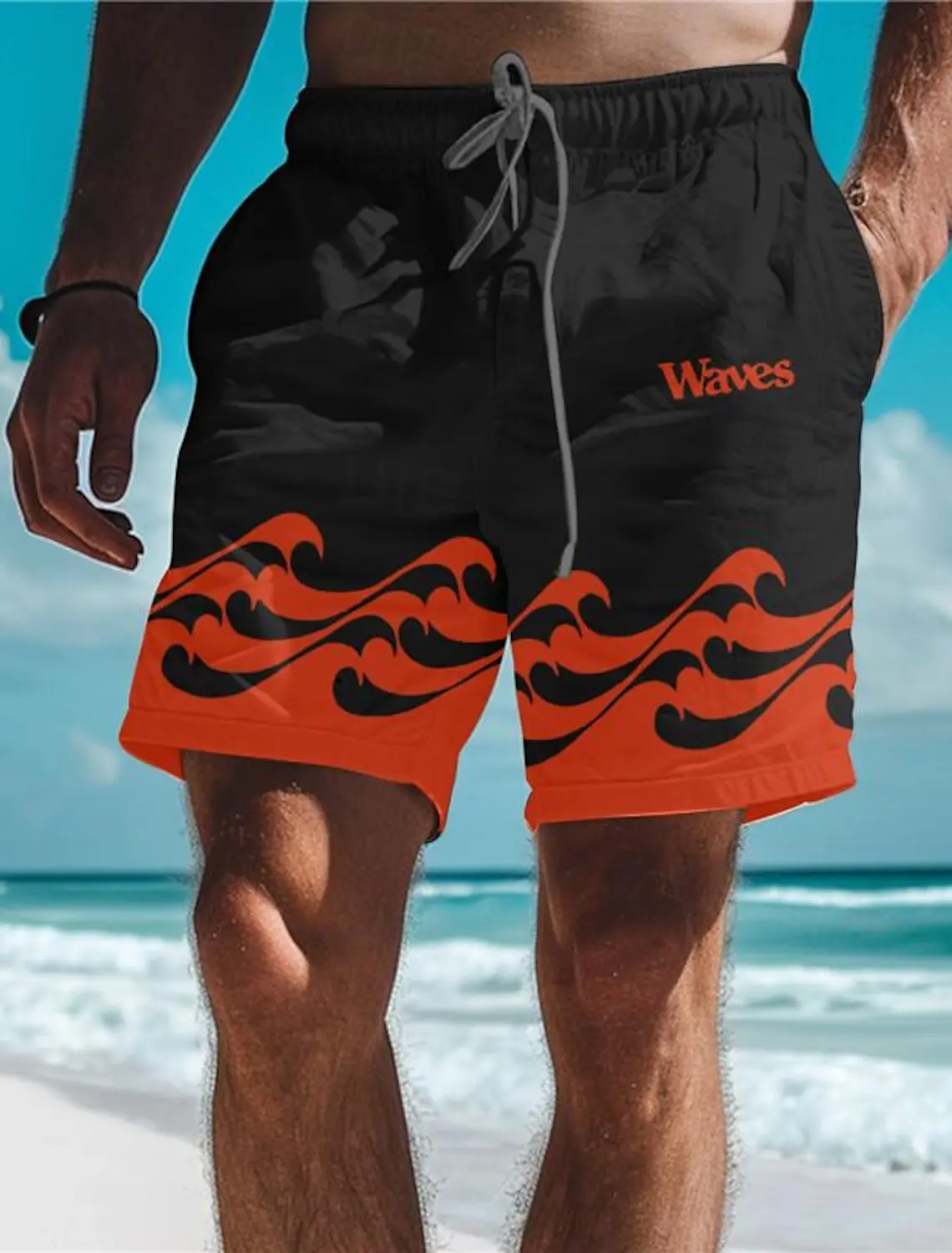 Waves Men\'s 3D Printed Board Shorts Swim Trunks Elastic Waist Drawstring Summer  New Hawaiian Beach Style Letter Design