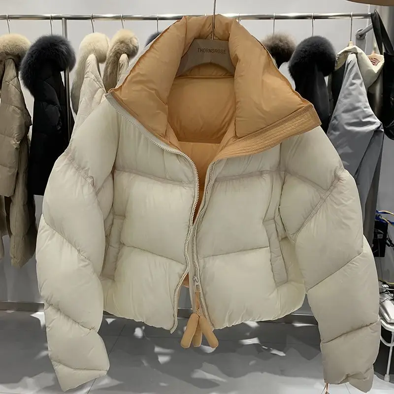 

2025 New Design with Contrasting Colors Age Reducing Short Jacket Stand Up Collar Winter Temperament Parkas Female Clothing