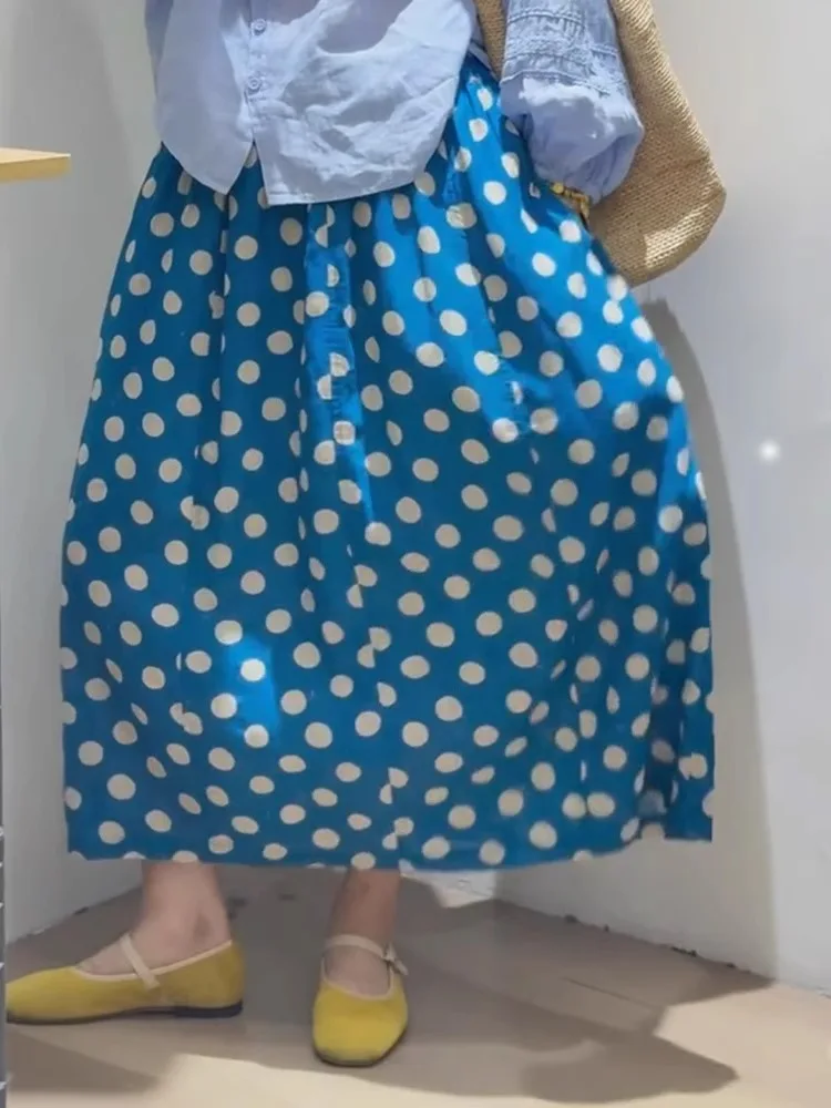 

Blue Polka Dot Floral Print f Skirt Women's Summer New Artistic Bloom Skirt Commute Sle Loose Fit mid Waist Design