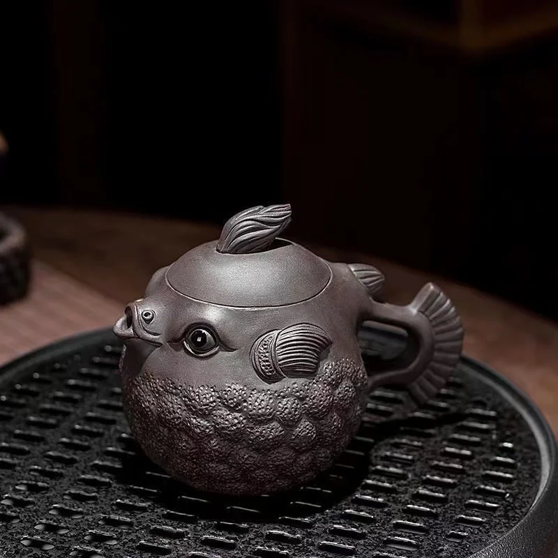 Unique Old Chinese YiXing Handcraft puyple Clay Teapot,Little Dolphins shape, with mark, Free shipping