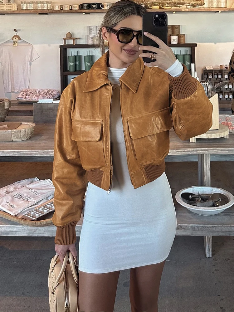 

Leosoxs Classic Vintage Pu Jacket Women Autumn Trend Zip Lapel Pocket Patchwork Simple Wild Hipster Street Punk Slim Outwear