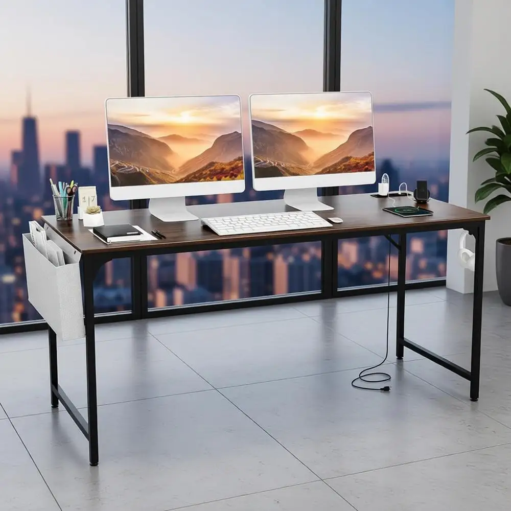 

Домашний офисный стол, 32-дюймовый компьютерный стол с выдвижной розеткой, сумкой для хранения и крючком, широкая столешница, компьютерная рабочая станция