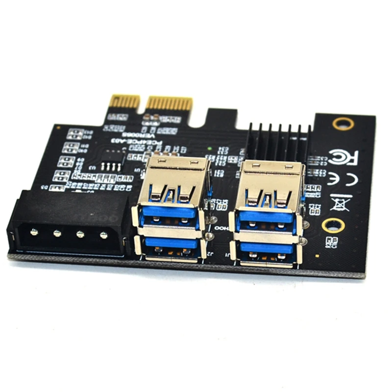 Carte Pcie Riser pour BTC Mining Molex, carte adaptateur PCI-E Express, 1X à 16X, 1 à 4 USB 3.0, 4 broches