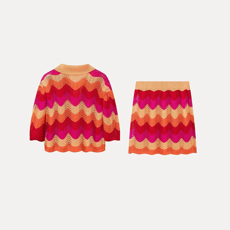 Conjunto de Top de Meia Manga em Malha E e  Saia Casual Primavera 2025 Moda Fena Conjunto de Fibra de Poliéster