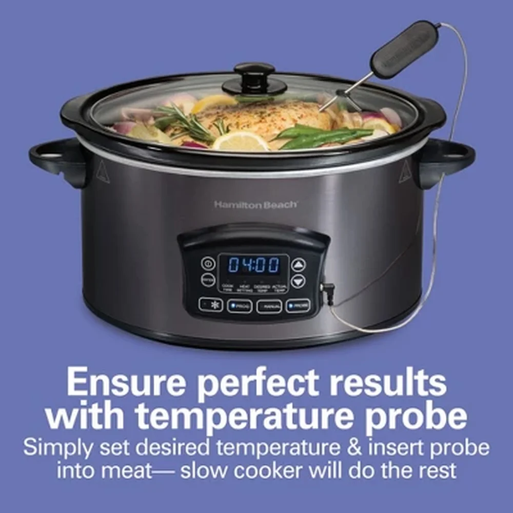 6Qt Programmable Slow Cooker with Temperature Probe Automatic Keep Warm Defrosts Frozen Meat Cooks Safely Family Size 7 Plus