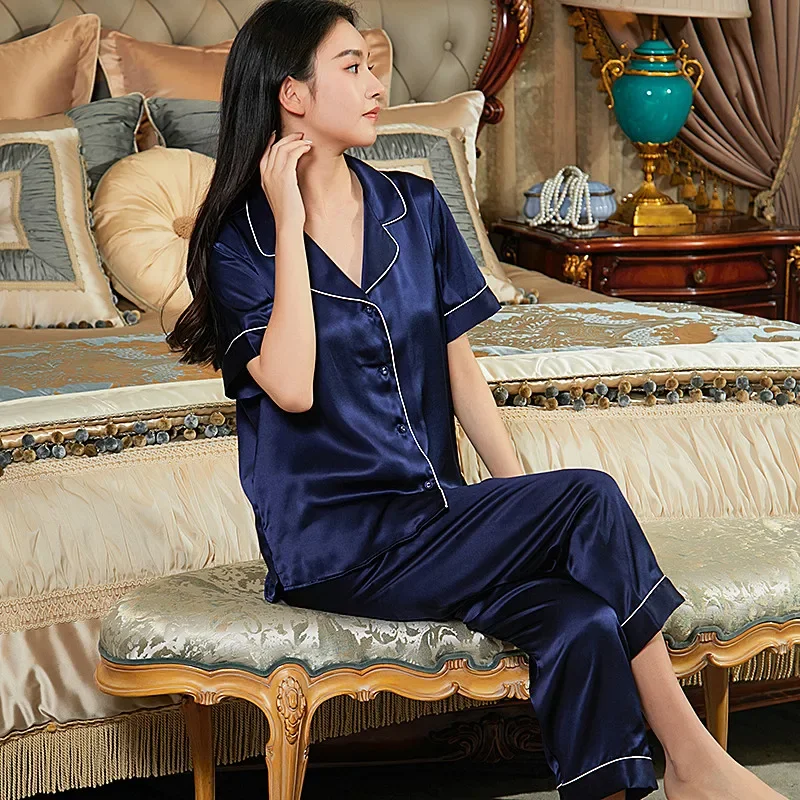 

19MM 100% Mulberry Silk Women's Pajamas Sets Short Sleeve Buttons Top & Pants Sleepwear 2 Piece Pajama Homewear Loungewear PJS