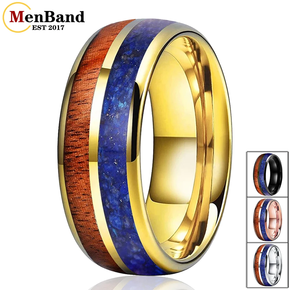 

8mm Tungsten Carbide Ring for Men Women Engagement Wedding Band Blue-Lapis Koa Wood Inlay Dropshipping Dome Comfort Fit