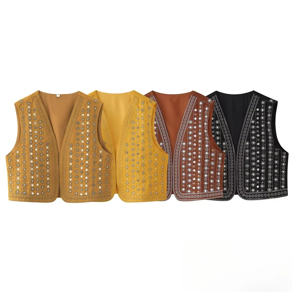 

KONDALA Women Fall Butter Yellow Vest Beaded Embroidered Vest New 2025 Spring Summer Fashion Basic Holiday Party Female Vest