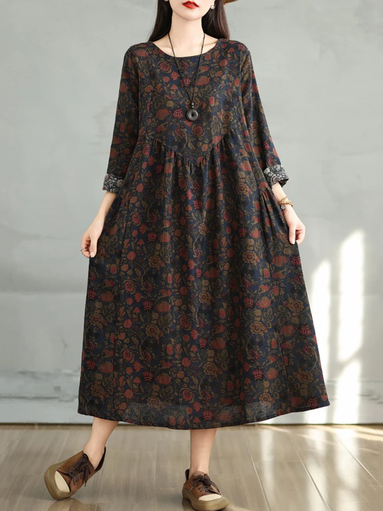 Cotton Vintage Print Floral Dresses 2026 Women Casual Loose Long Sleeve Dress Femme Robe Vestidos Elegant Spring Autumn Clothing