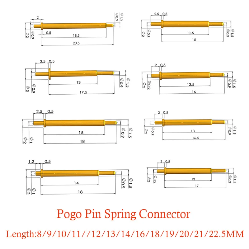 Male Spring Loaded Pogo Pin Length 16/17.5/18/18.5/19/19.2/20.5/21/22.5 MM Header Target Connector 1 Positions Through Hole PCB