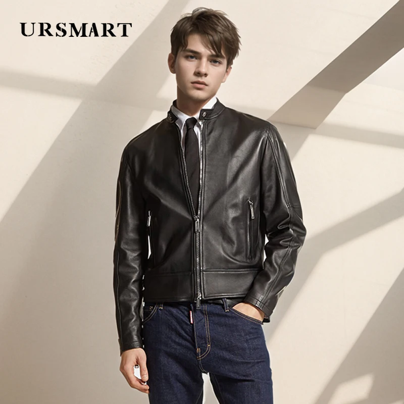 

Men's Black Sheepskin Leather Jacket - Classic Stand-Up Collar Custom Calf Leather Casual Coat