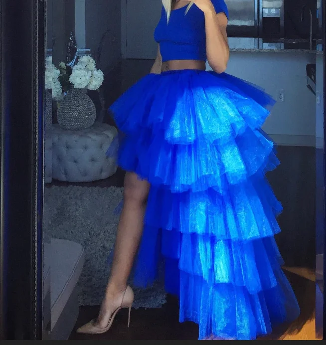 blue High Low Tulle Skirts High Street Custom Made Long Tiered Tulle Skirt Women To Party Female Maxi Tulle Skirt