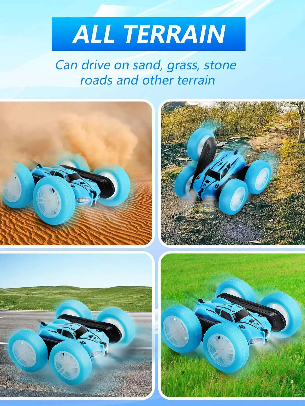 2.4G Double Sided RC Stunt Car 360 Degree Flip Rotating Remote Control Car with Light 2 Rechargeable Batteries Blue