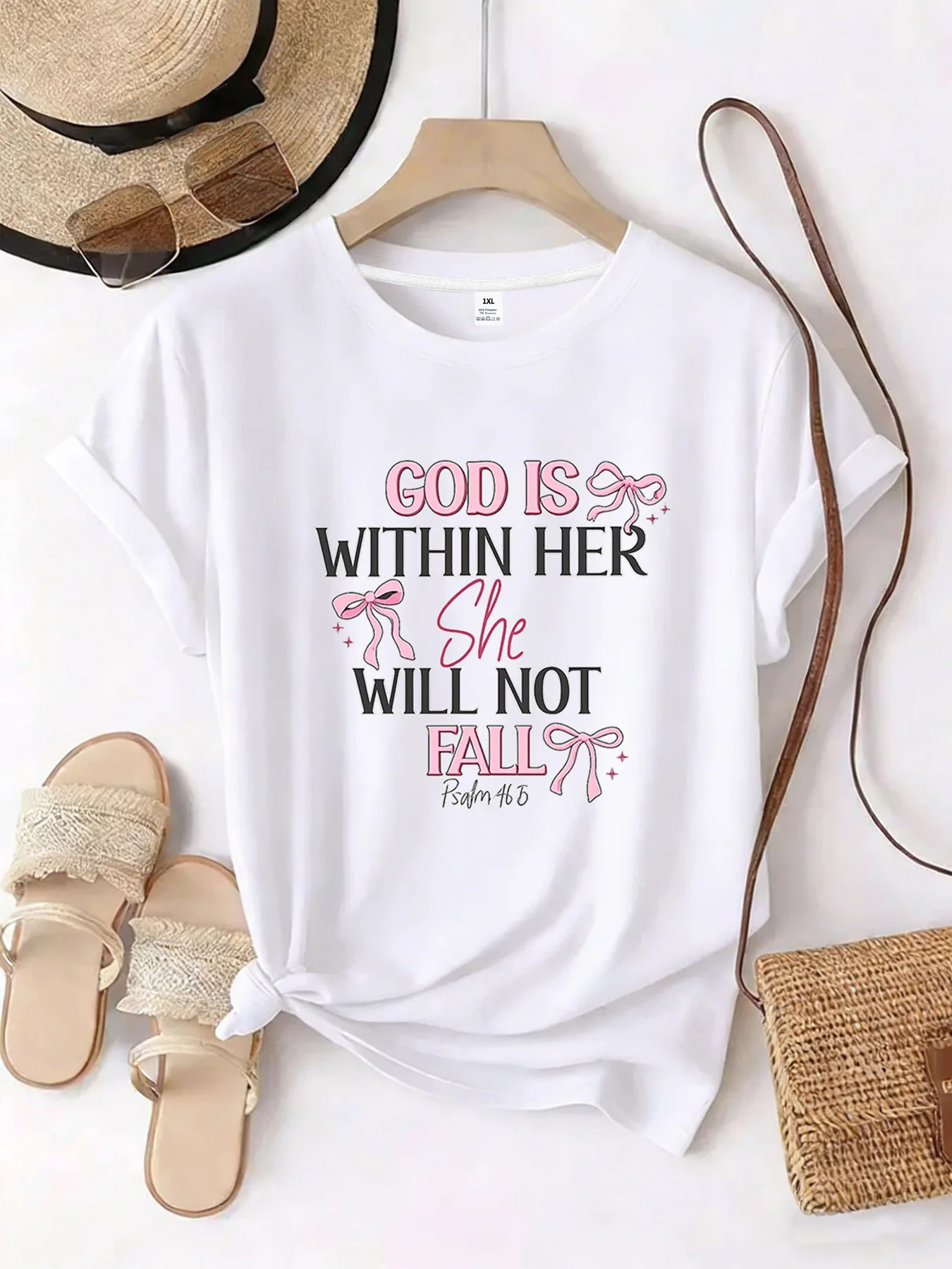 

【YJ00062】Letters and pink bows Plus size women's round neck short sleeve T-shirt with elastic half sleeves and trendy prints