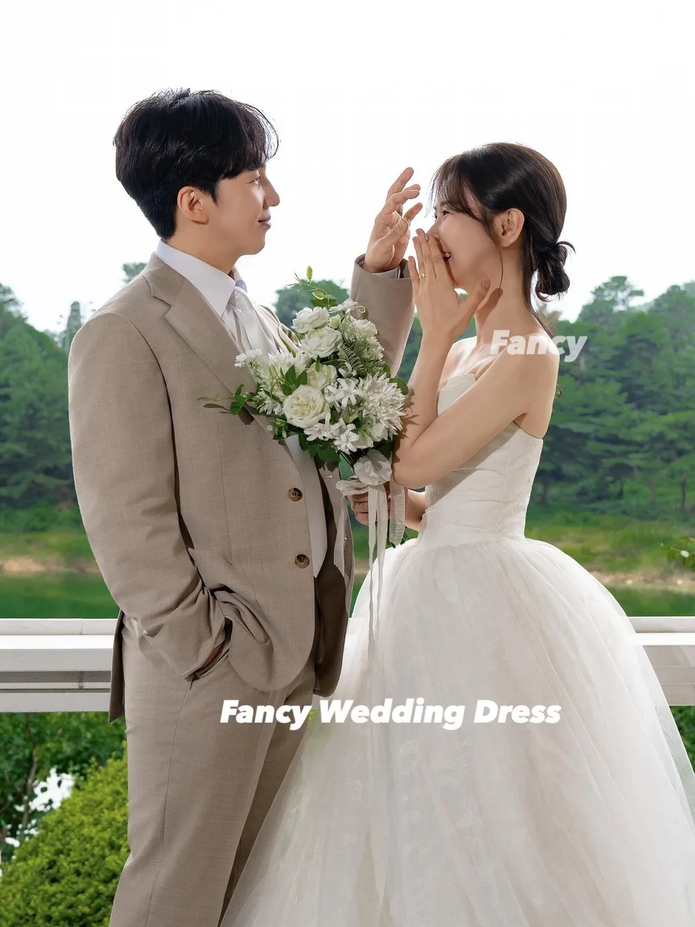 Fancy Simple Strapless Korea Wedding Party Engagement Dresses Photography A Line Soft Tulle Evening Dress Corset Customized