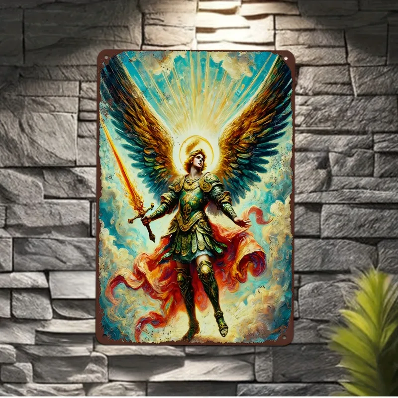 Archangel Saint Michael Vintage Metal Sign, Aluminum Religious Yard Sign with Pre-Drilled Holes, Multipurpose Wall Hanging Decor