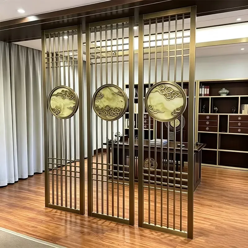 Custom Stainless Steel Room Divider Screen with Inlaid Jade Cloud Pattern Metal Partition for Interior Home Decoration Modern