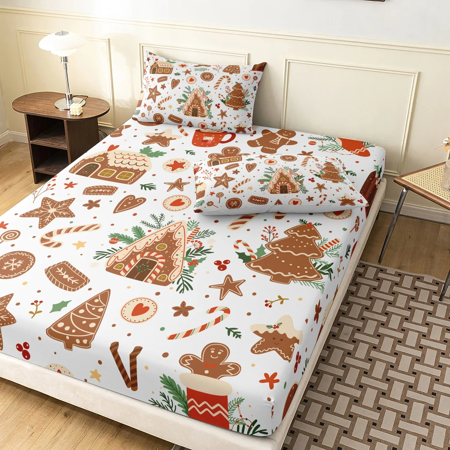 3Pieces Gingerbread House Cookie Candy Cane Print Fitted Sheet Set, Cute Xmas Tree Cake Holly Berry Winter Holiday Print Bedding