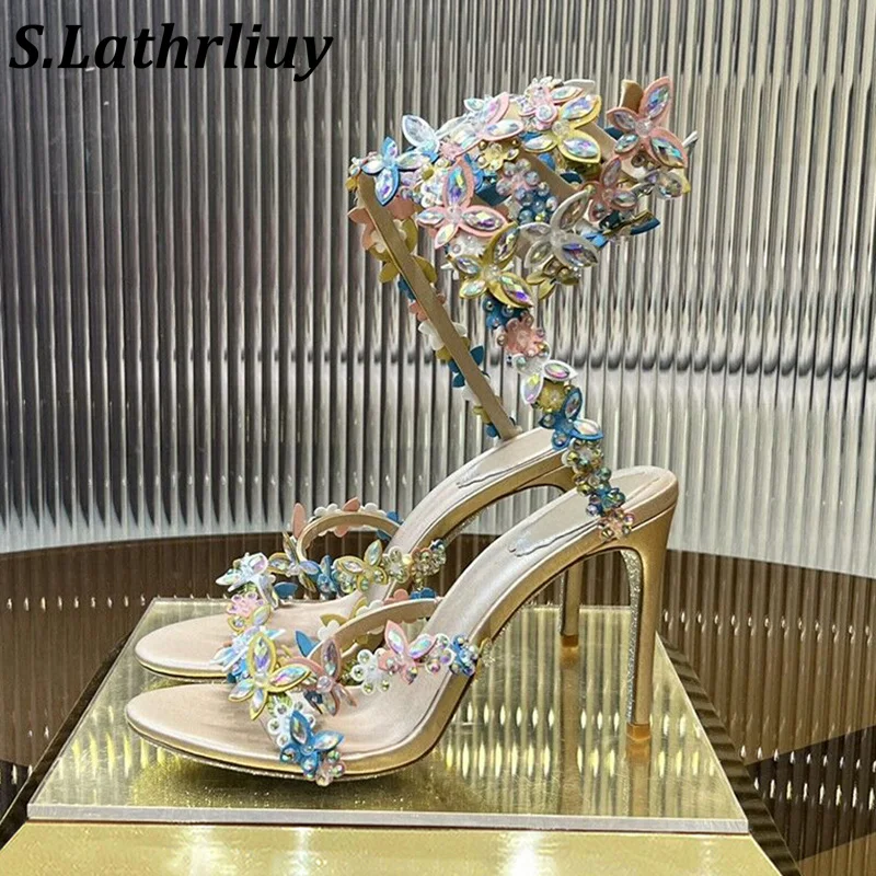 

Summer Genuine Leather Open Toed Flower Decoration Thin Heel Sandals Women's Fashion Runway Sandalias Sexy Party Dress Shoes