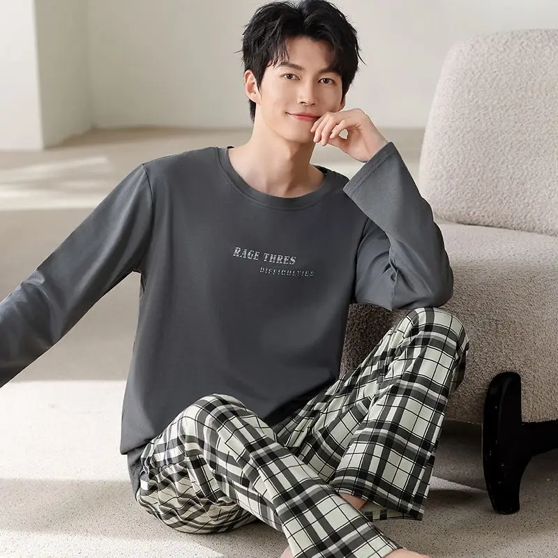 2026 Spring Plus Size Long Sleeve Cotton Pajama Sets for Men Korean Loose Sleepwear Pyjama Male Loungewear Homewear Home Clothes
