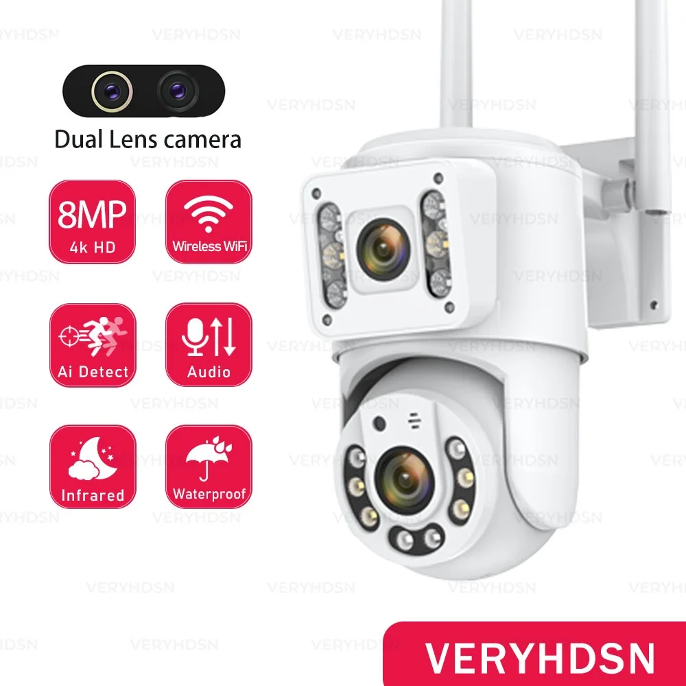 

4K 8MP WiFi Surveillance Cameras Dual Lens PTZ Security Camera Outdoor Waterproof Smart Dual Screen Multiple Views Human Detect