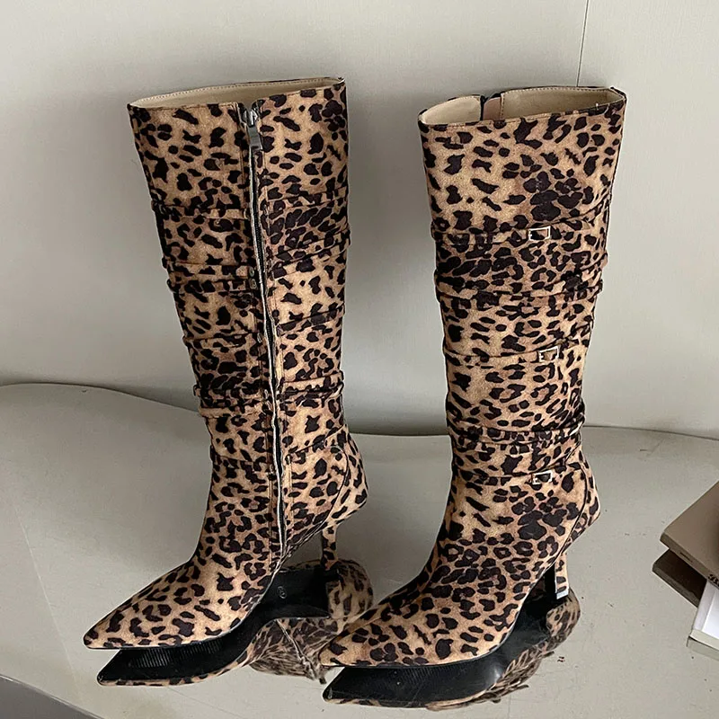 New Female Designer Snakeskin Footwear Knee High Boots For Women Fashion Modern Ladies Long Boots With Heels Shoes Leopard Print