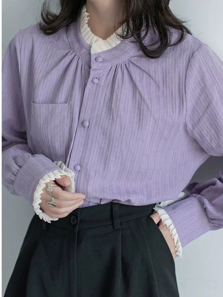 

2024 Spring New Women Style Wooden Ear Edge Double Layered Standing Neck Decorative Pocket Single Breasted Women's Purple Shirt