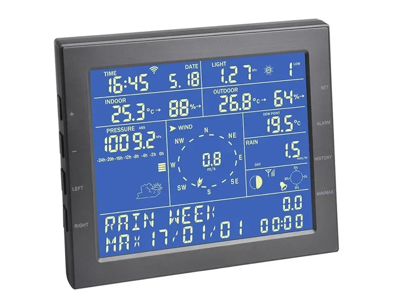 

Weather Instrument, Indoor And Outdoor Temperature And Humidity, Rain Gauge, Wind Direction, Wind Speed, Illumination
