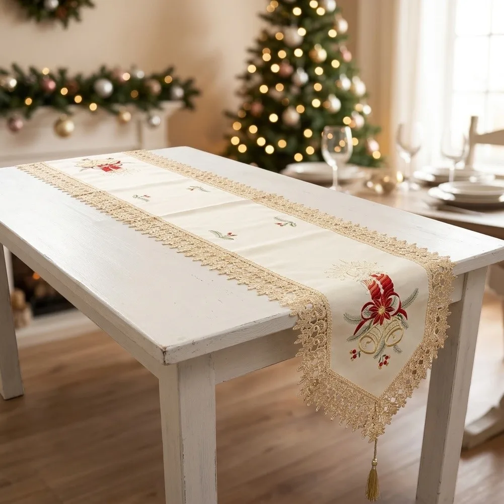 Christmas Table Scarf Polyester Fabric with Bell Embroidery Lace Trim and Hanging Tassel for Dining Table Decor