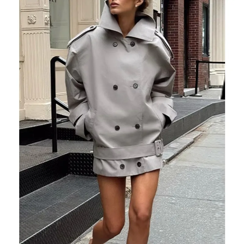 Women Double Button Trench Fall Winter Turn Down Patchwork Long Sleeve Oversized Coat