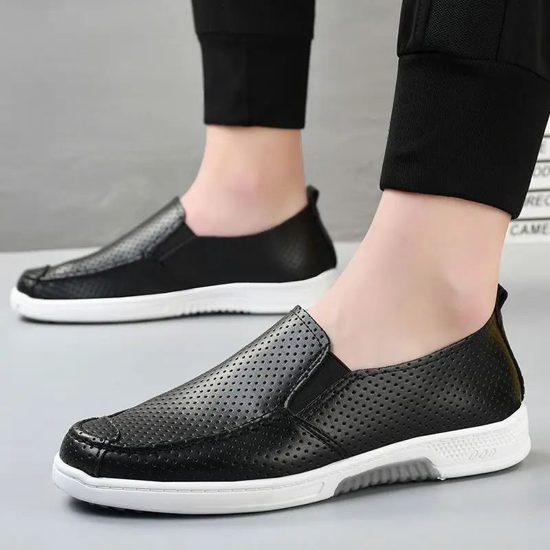 

Hollow Breathable Slip-on Round Toe Men's Leather Shoes High Quality Fashion New in 2025 Adults Summer Social Male Casual Shoe