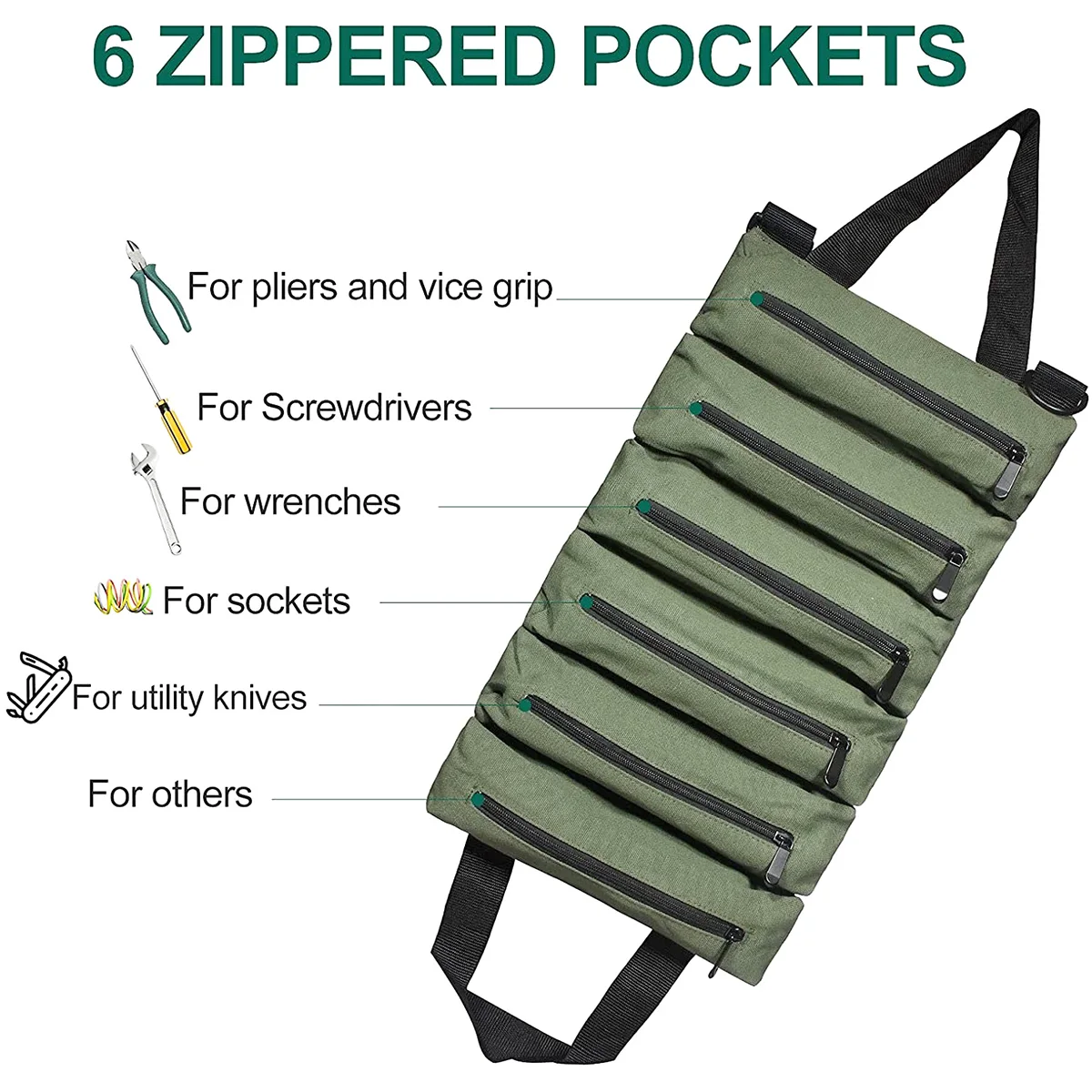 Canvas Tool Roll Up Bag Tool Pouch With 6 Zipper Pockets Large Capacity Tools Wrap Roll Storage Case Hand-held Tool Carrier Tote