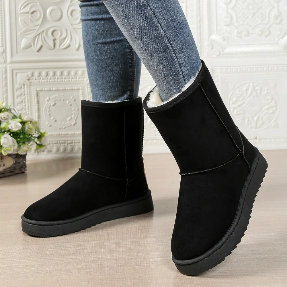 Wasserdichte, warme Plateaustiefel für Damen, mittelhohe Schneestiefel, große Größen, Winter-Slip-On-Flachstiefel, lässige Damenstiefeletten, neue Mode 2026 – Detail 8