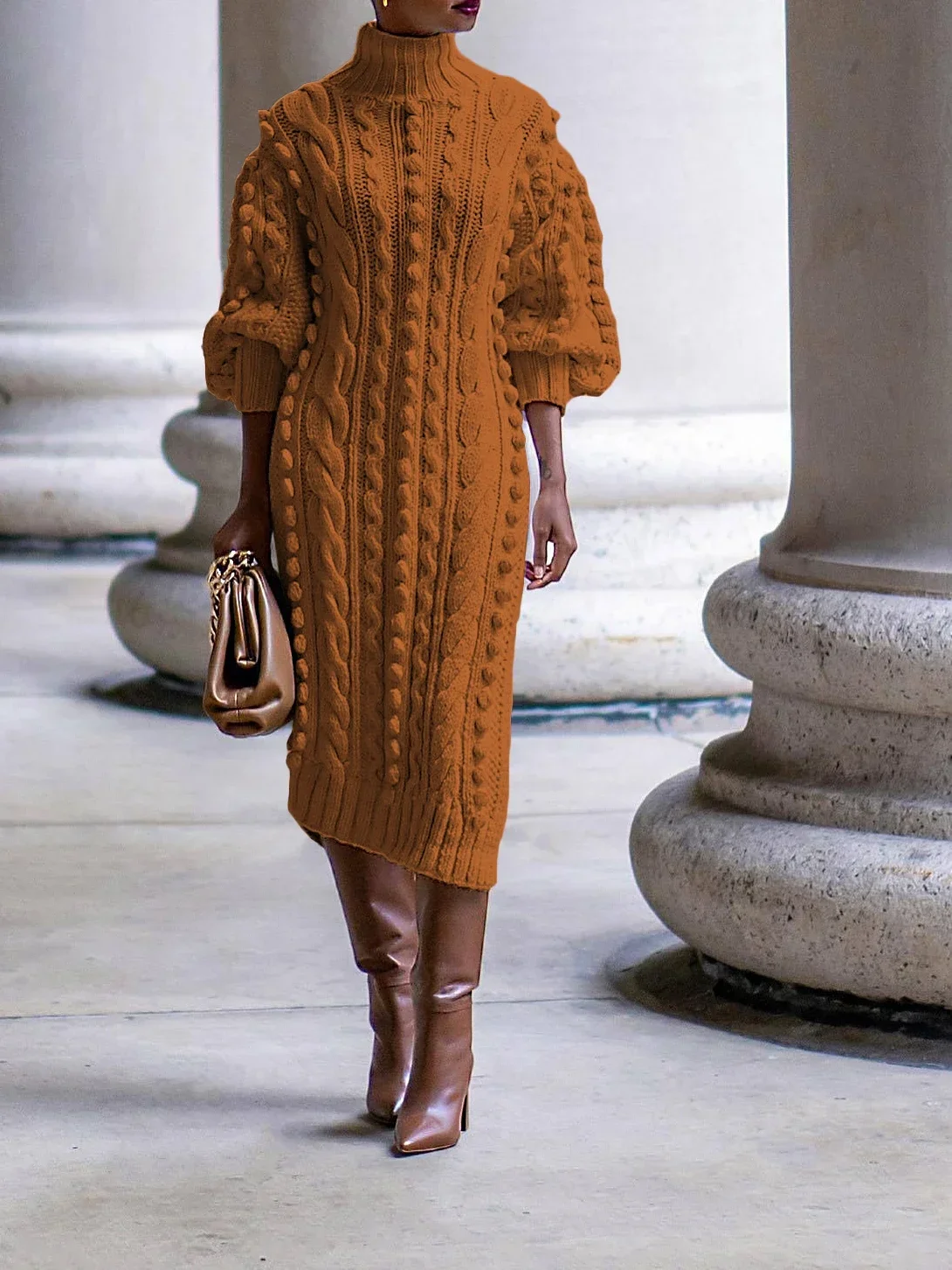 

Women Fashion Turtleneck Lantern Long Sleeve Side Split Slim Maxi Sweaters Pullovers Dress 2023 Winter Street Jumpers