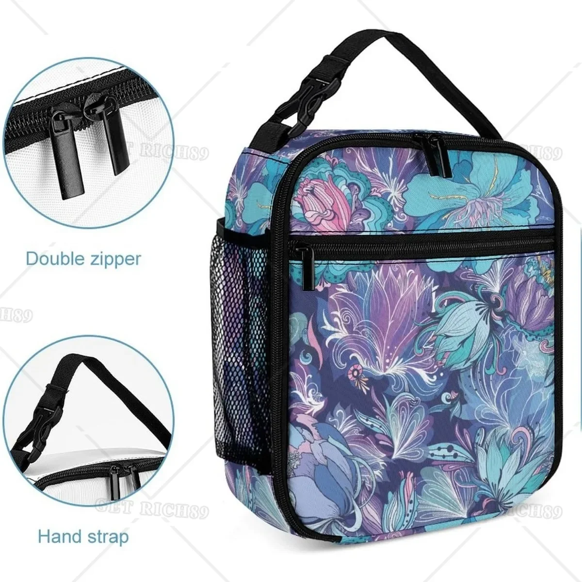 Floral-dark Blue Rectangular Lunch Bag Insulated Portable Lunch Box Tote Bags for Adults Men Women Travel Picnic Office Gifts