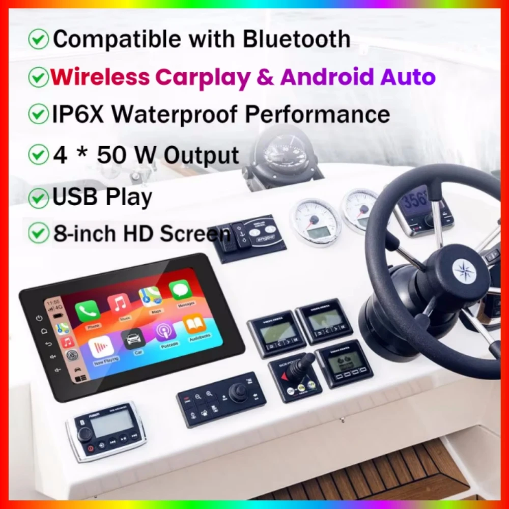 8 Inch Marine Waterproof Multimedia Player Wireless CarPlay IPX6 Bluetooth Marine Stereo for ATV Golf Cart CarPlay Android Auto