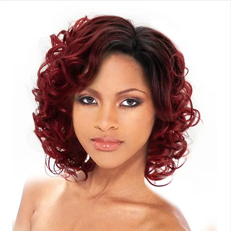 HAIRJOY Synthetic Hair Short Burgundy Curly Wigs for  Women Ombre Wine Red  Short  Wig