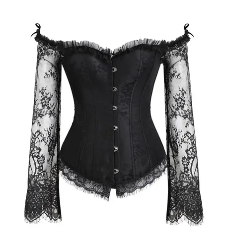 Top con corsé para mujer, corpiño Sexy por encima del busto con hombros descubiertos, corsés de manga larga de talla grande de encaje Floral gótico Vintage