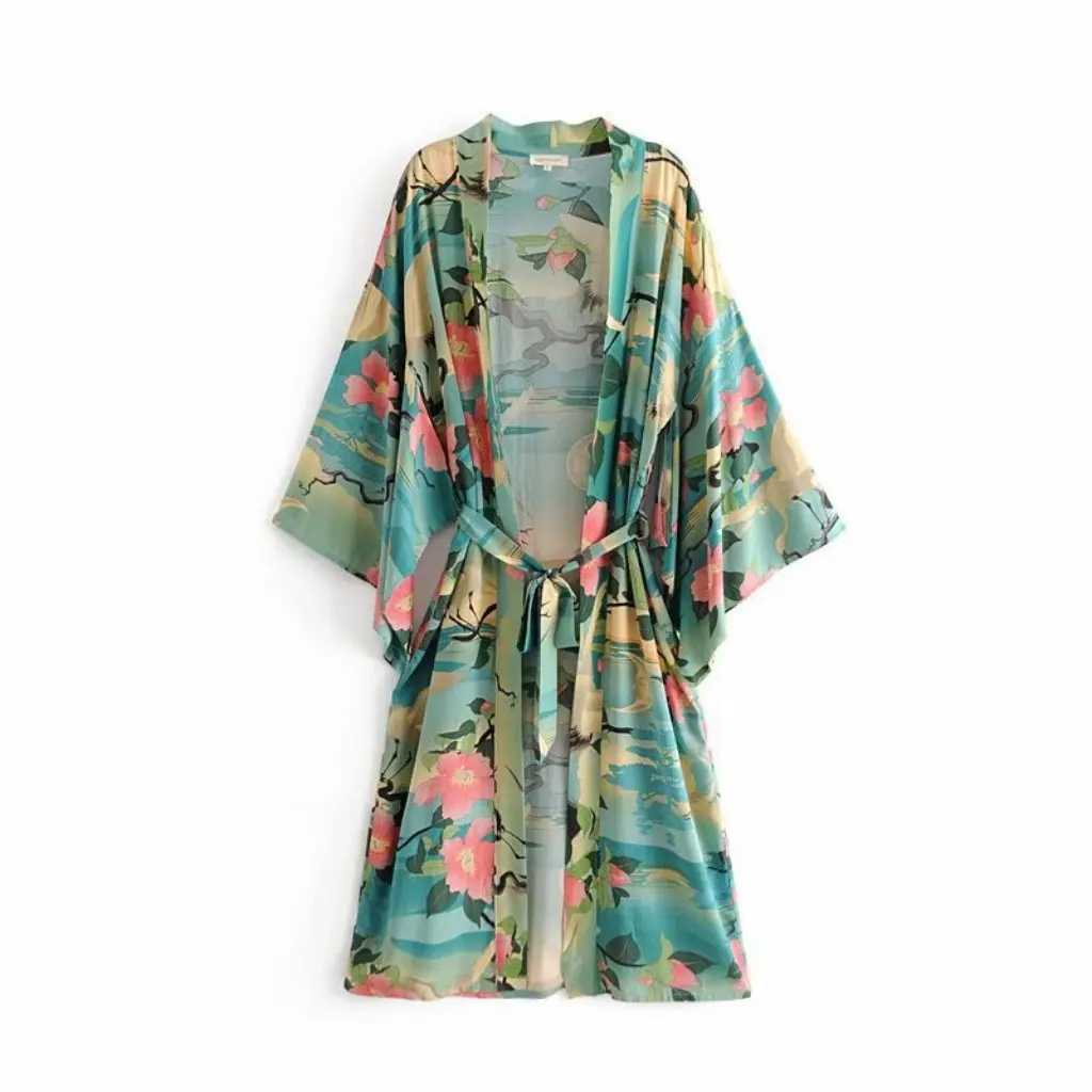 

Lotus Crane Print Lace-Up Kimono Cardigan European And American Style Women's Jacket Wholesale Export Fashion