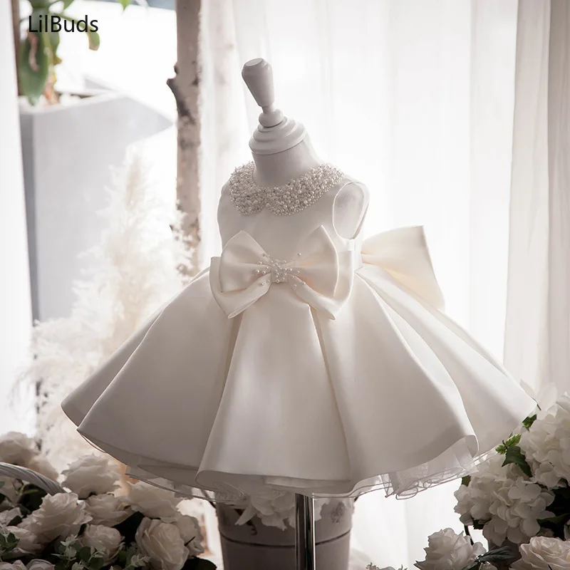 2024 White Wedding Satin Princess Baby Girl Dress Bow 1 Year Birthday Evening Party Christening Dress Wednesday Costume Girl