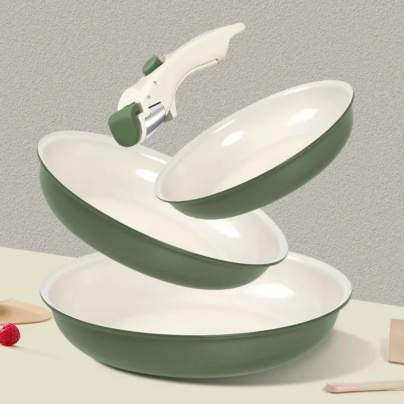 

2/3Pcs Frying Pans Set Stackable Nonstick Egg Fry Pans with Removable Handle Non Stick Fried Steak Skillet Cooking Pot Cookware