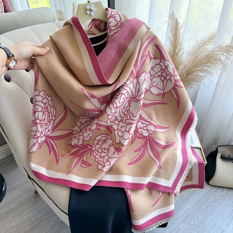 New Luxury Hydrangea Winter Two-Sided Cashmere Jacquard Scarves High Quality Women Thicken Wrap Shawl Ladies Wool Pashmina Scarf