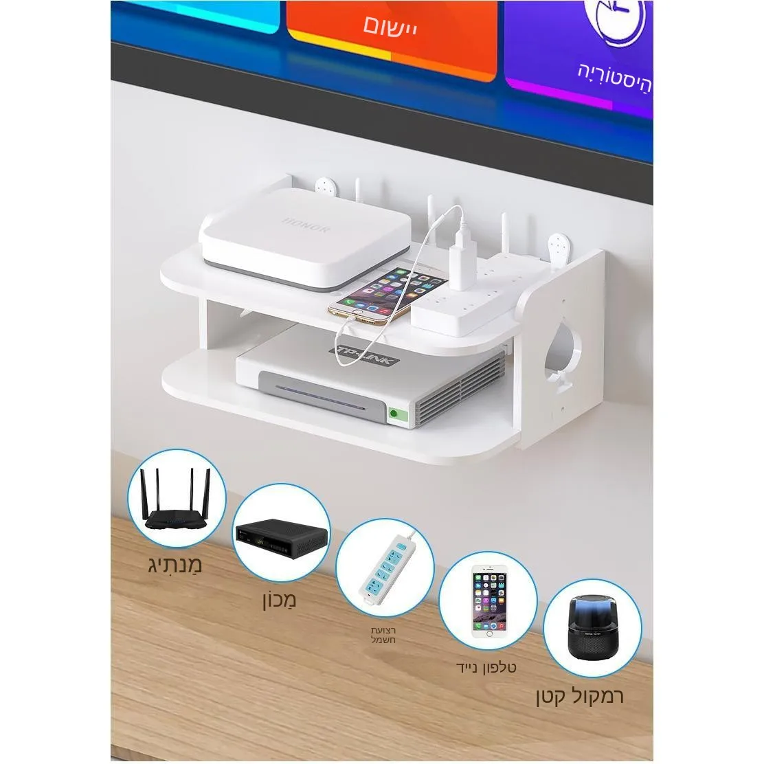 מדף אחסון לקיר ללא קידוח למכשירי ראוטר, ממירים, וסטרימרים, לארגון וסידור בבית, לסלון.